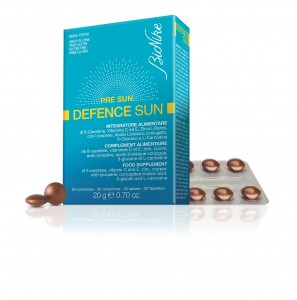 Defence Sun Integratore Alimentare di Bionike  contiene ß-Carotene, Vitamina C ed E, Zinco, Rame, con Licopene, Acido Linoleico coniugato,ß-Glucano e L-Carnosina. Con proprietà antiossidanti. 